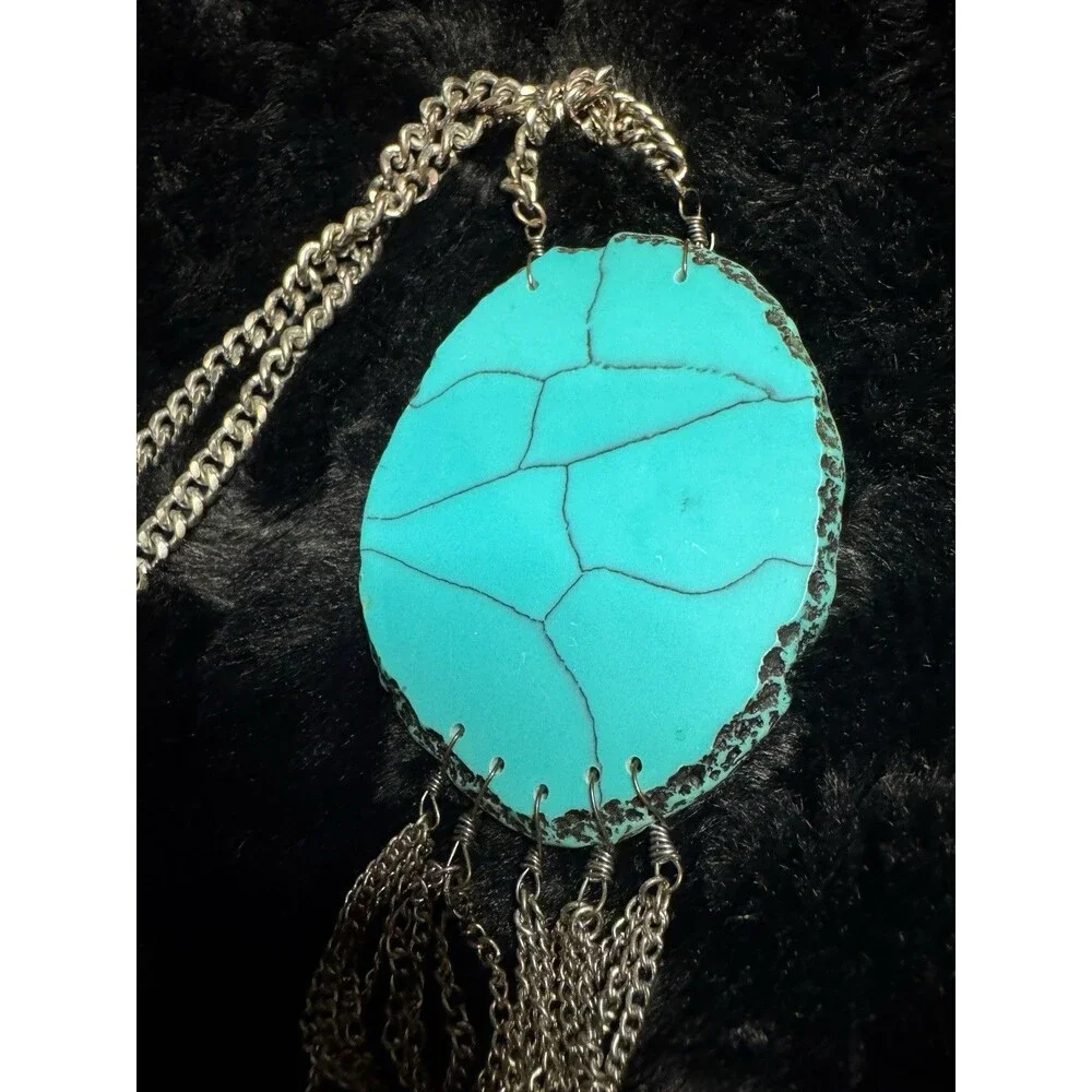Silver Tone Turquoise Oval Pendant Necklace Long Fringe Southwestern Boho